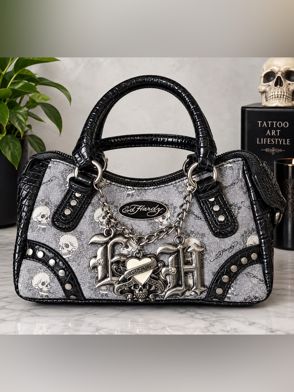 Ed Hardy Black and Gray Skull Charm Mini Satchel with Detachable Shoulder Strap